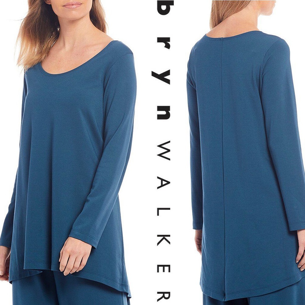 🎆BRYN WALKER Liam TUNIC TOP Teal Blue Modal Ponti Long Sleeve Hi Low